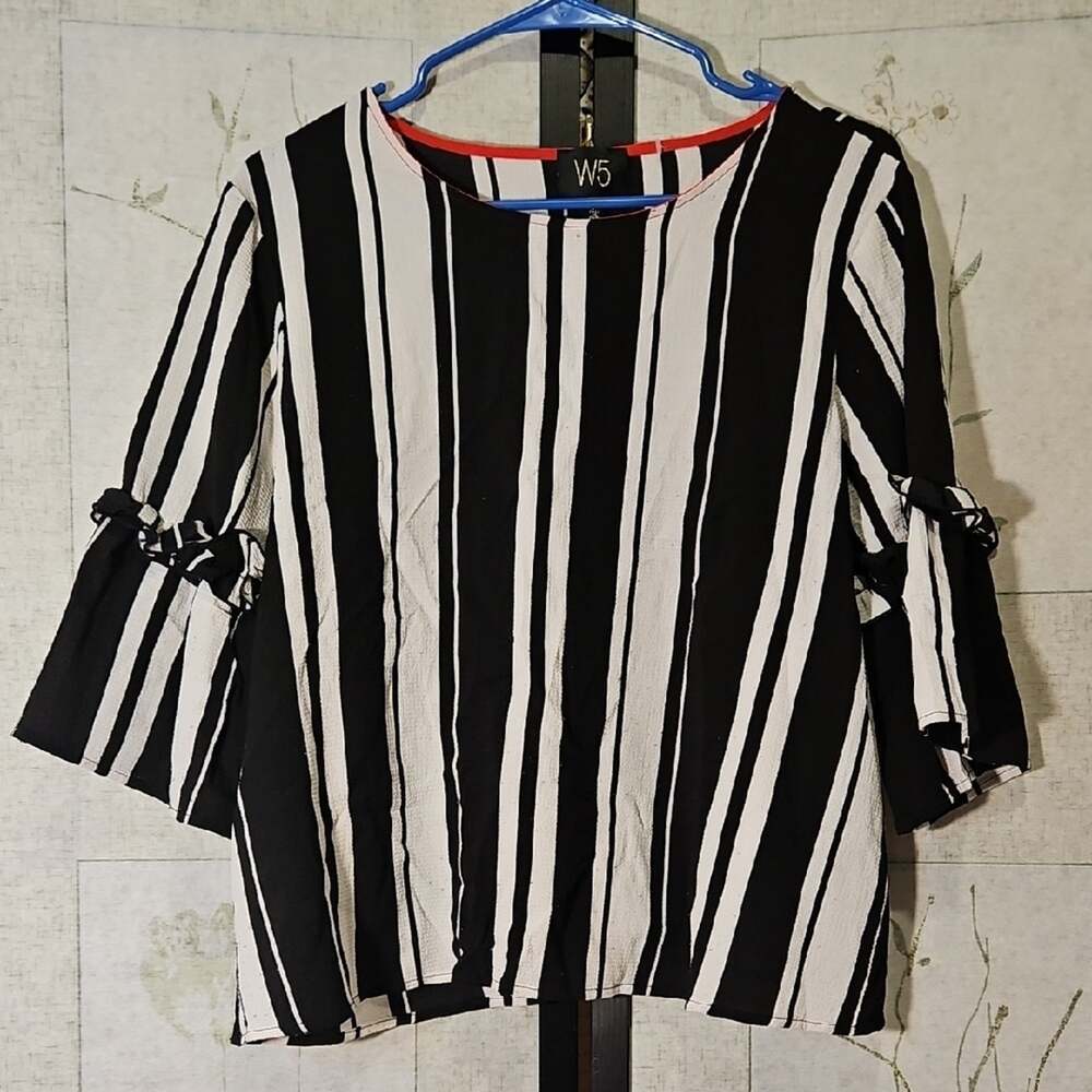 W5 Black and White Bell Sleeve Blouse with Tie Front